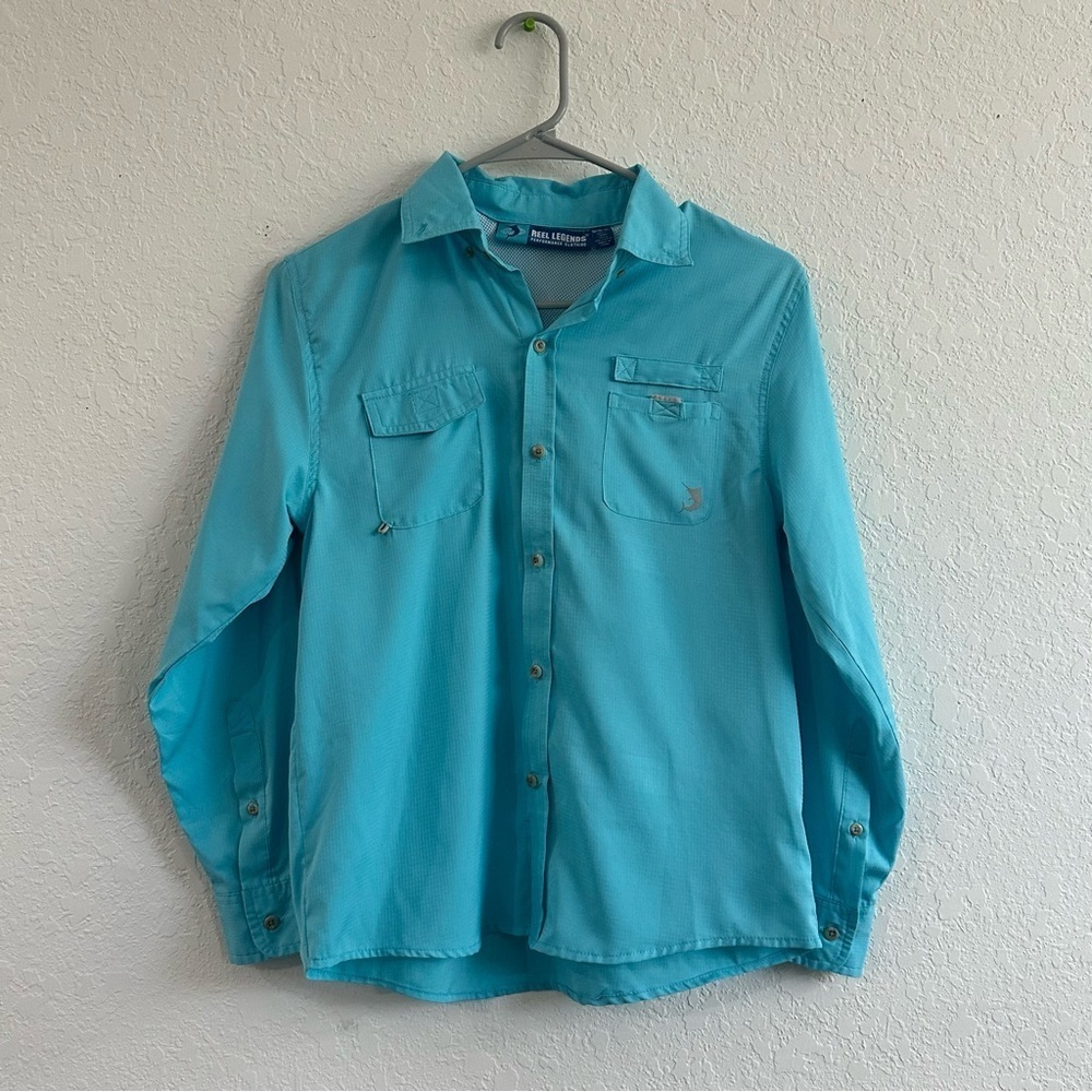REEL LEGENDS Performance Clothing Boys Blue Fishing Shirt Button Down Medium